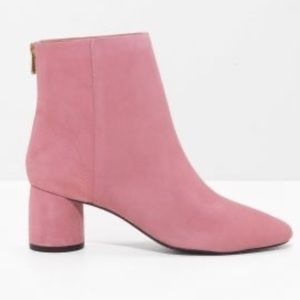 & other stories pink suede cylindrical heel booties
